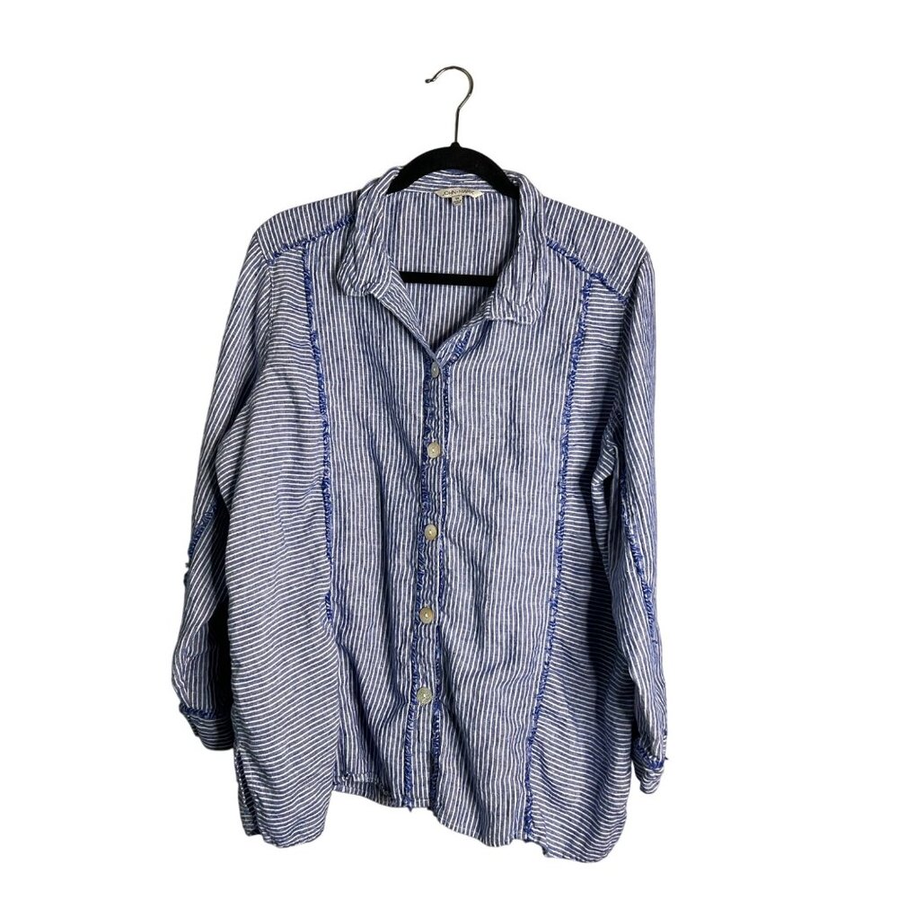 John Mark Button Up Linen Top Women's 1X Blue White Stripe Roll Tab Fringe